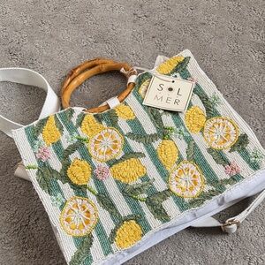 Sol & Mer Yellow Lemon Embroidered Tote with Bamboo Handles